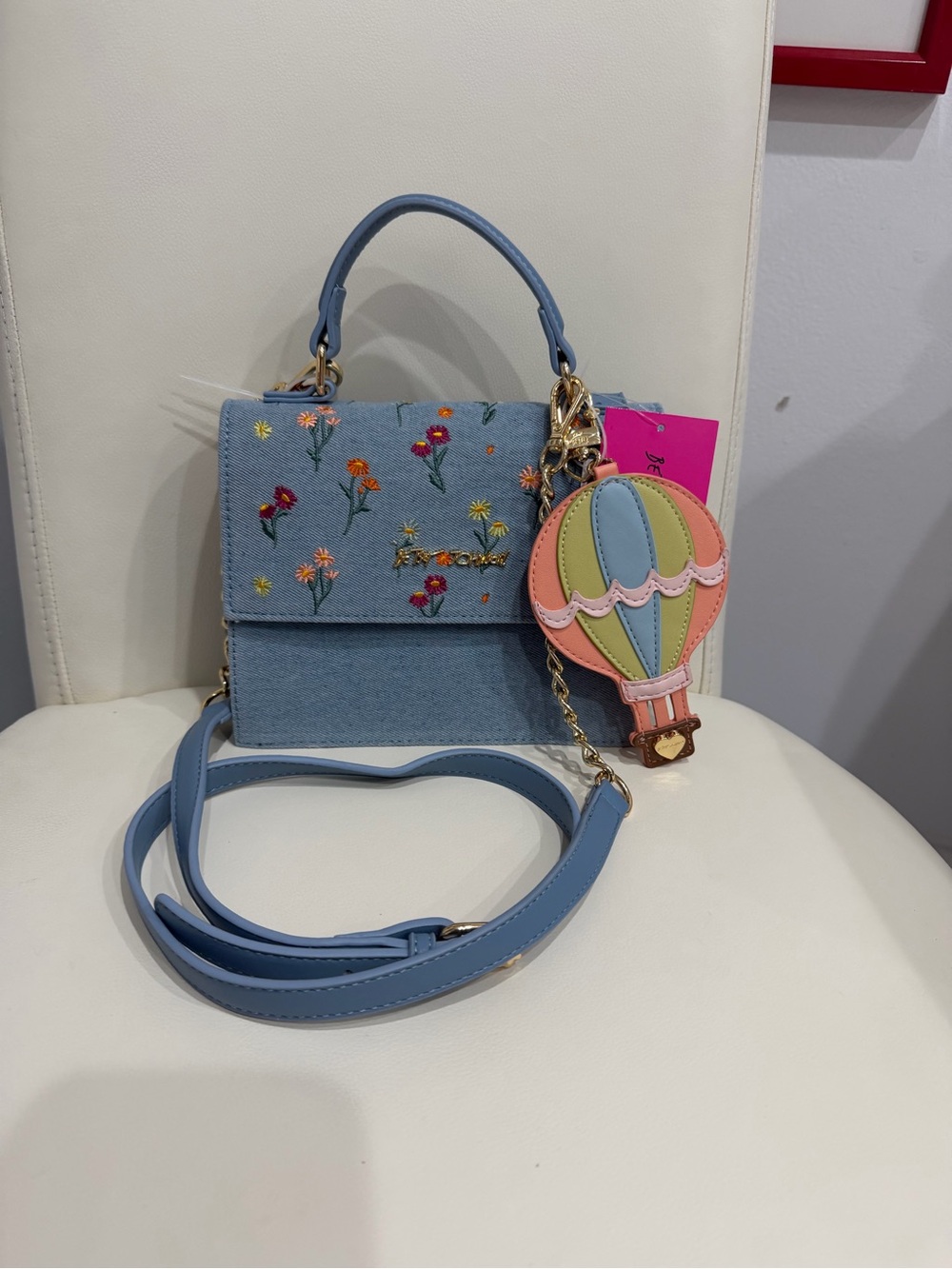 Betsey Johnson  Blue Denim Embroidered Floral Top-Handle Crossbody & purse charm